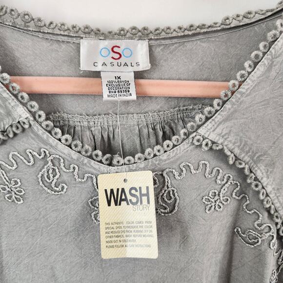 OSO Casuals Women's Grey Short Sleeve Top with Embroidery 1XL NWT - Picture 9 of 10